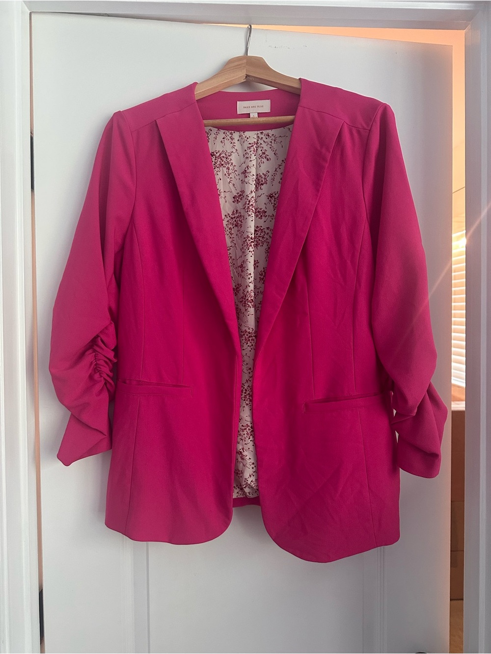Skies Are Blue Hot Pink Open-Front Blazer with Ruched Sleeves